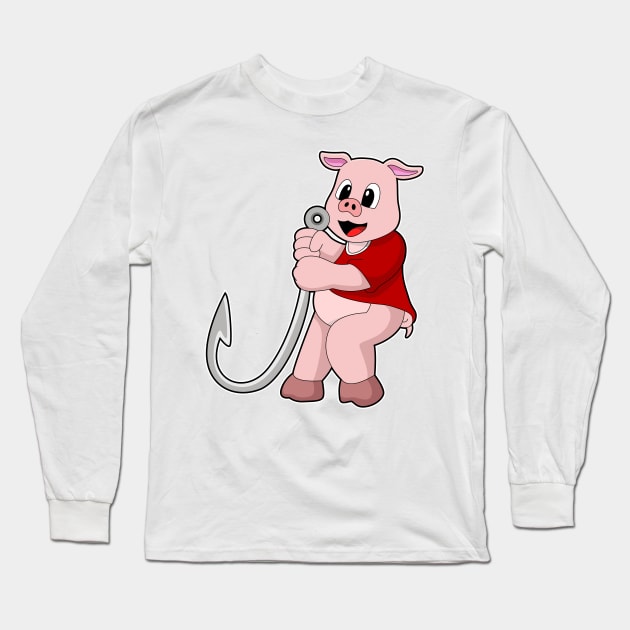 Pig at Fishing with Fish hook Long Sleeve T-Shirt by Markus Schnabel